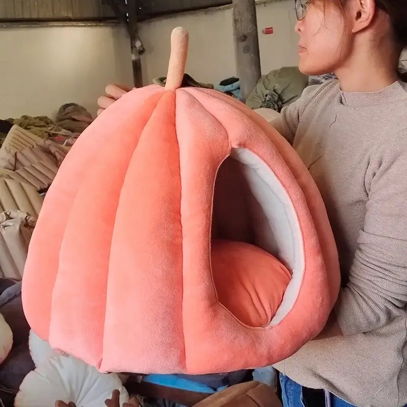 Pumpkin-shaped enclosed cat bed for winter warmth and Halloween decor.