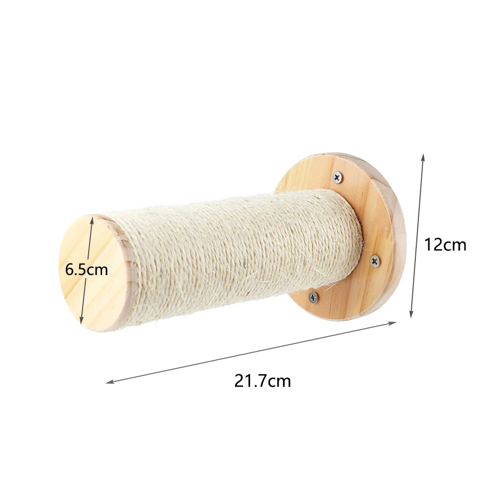 Wall-mounted cat shelf with sisal scratching posts and multi-level steps