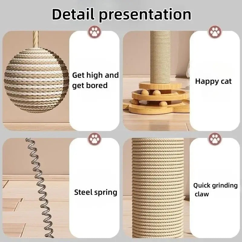 Wooden interactive cat turntable toy with rotating ball track and built-in sisal scratching board.